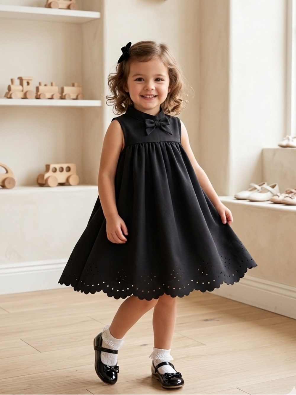 SHEIN Black Sleeveless Bow Scalloped Hem Party Dress